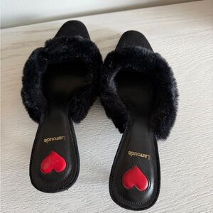 Larroude Black Faux-Fur Slide Mules